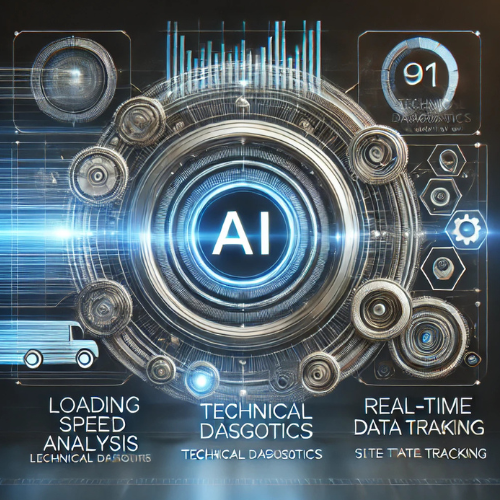 Advanced AI analyzing website SEO rankings, keyword performance, and backlink data in a high-tech digital interface.