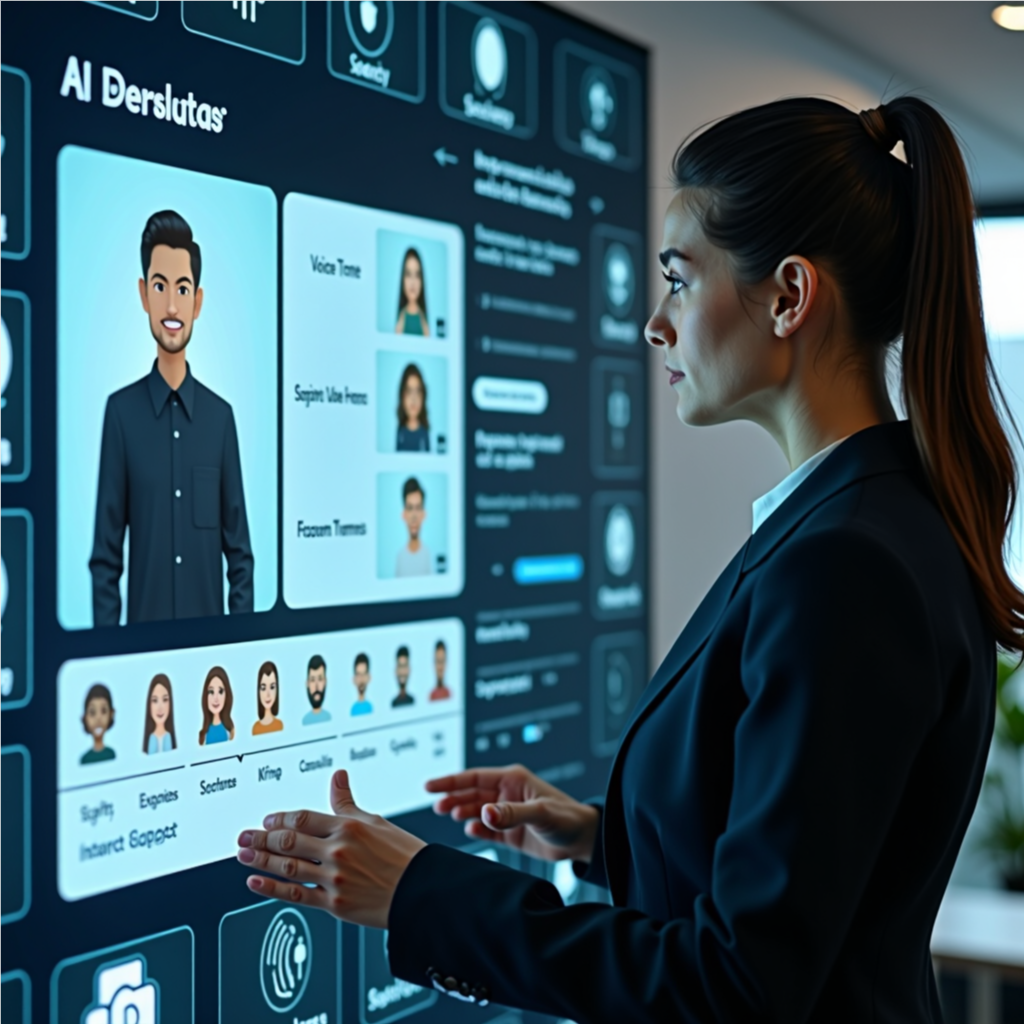 Business owner adjusting AI avatar settings through an intuitive dashboard, customizing avatar responses, appearance, and behavior.