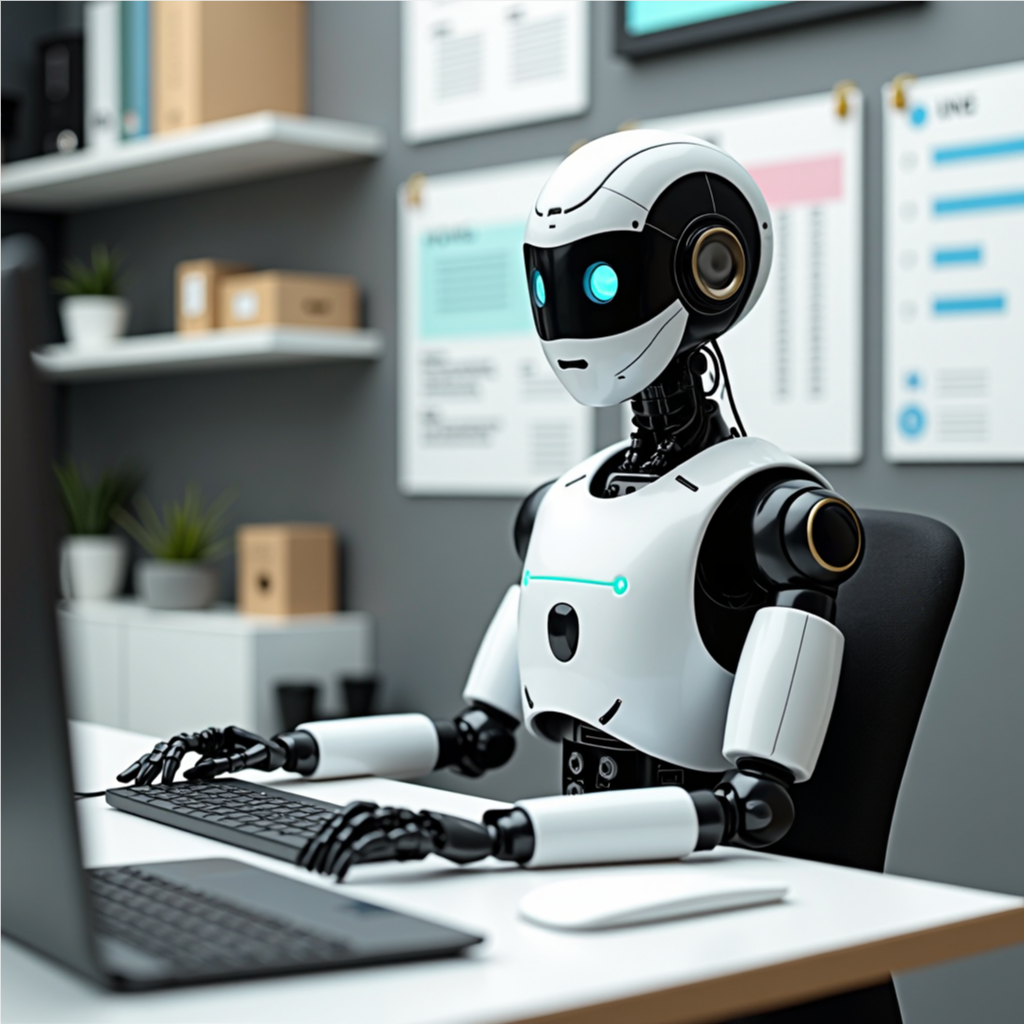 Humanoid robot organizing payroll and inventory for a small business in a professional office environment.