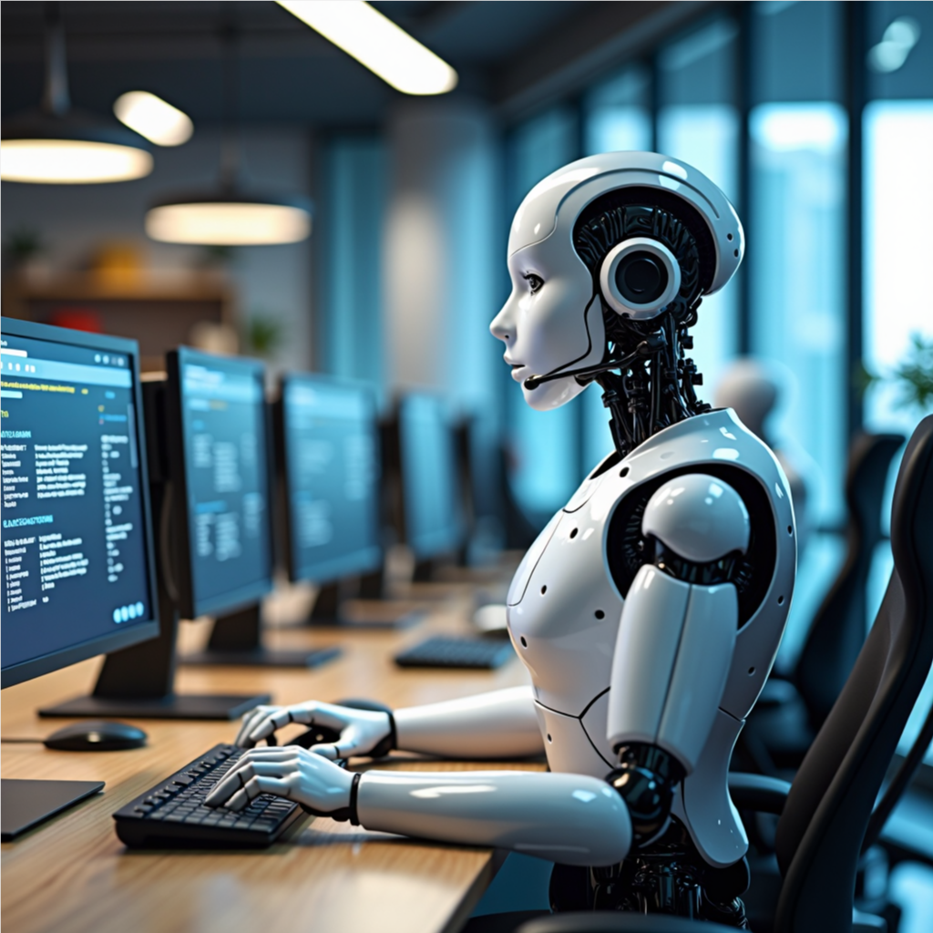 Humanoid robot providing 24/7 customer service support in a futuristic call center setting.