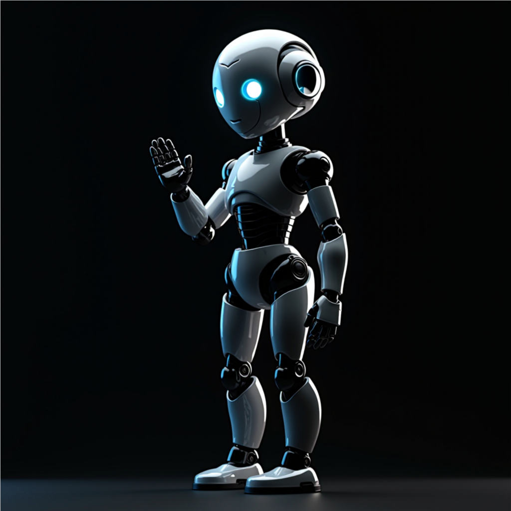 Futuristic humanoid robot with glowing blue eyes on a black background, symbolizing innovation and AI-driven solutions.