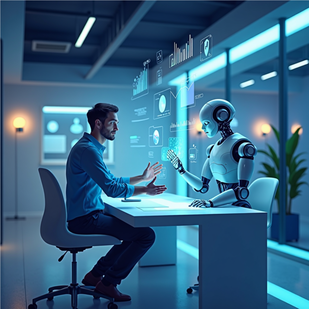 Humanoid robot and human collaborating on AI solutions in a modern office