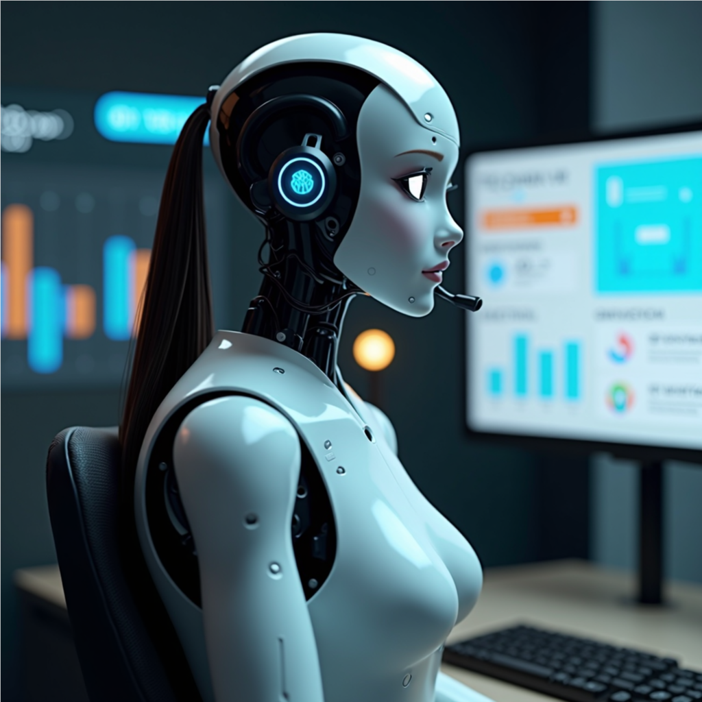 Humanoid AI call assistant answering a business call with real-time analytics in a corporate office.