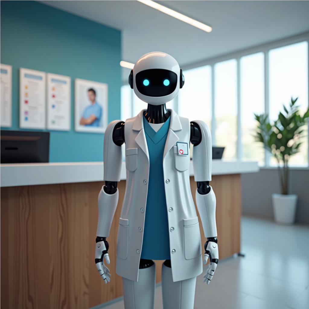 Humanoid robot managing patient scheduling and reminders in a modern clinic reception area.