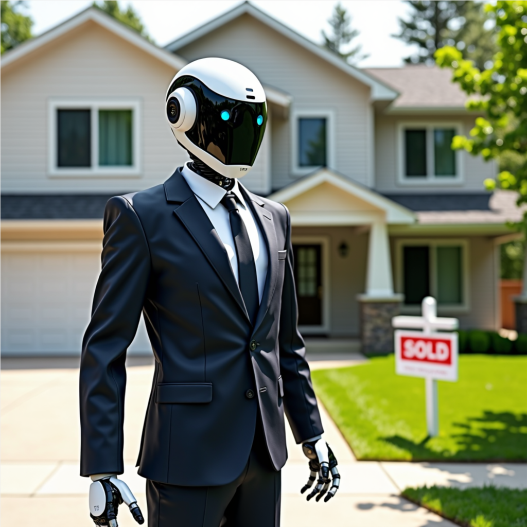 Humanoid robot assisting a real estate agent with property listings and market analysis in a modern office.