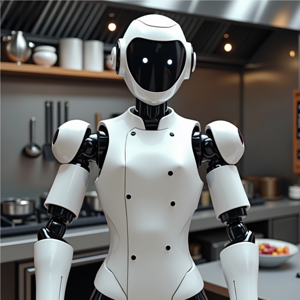 Humanoid robot managing restaurant reservations and customer feedback in a high-end dining space.